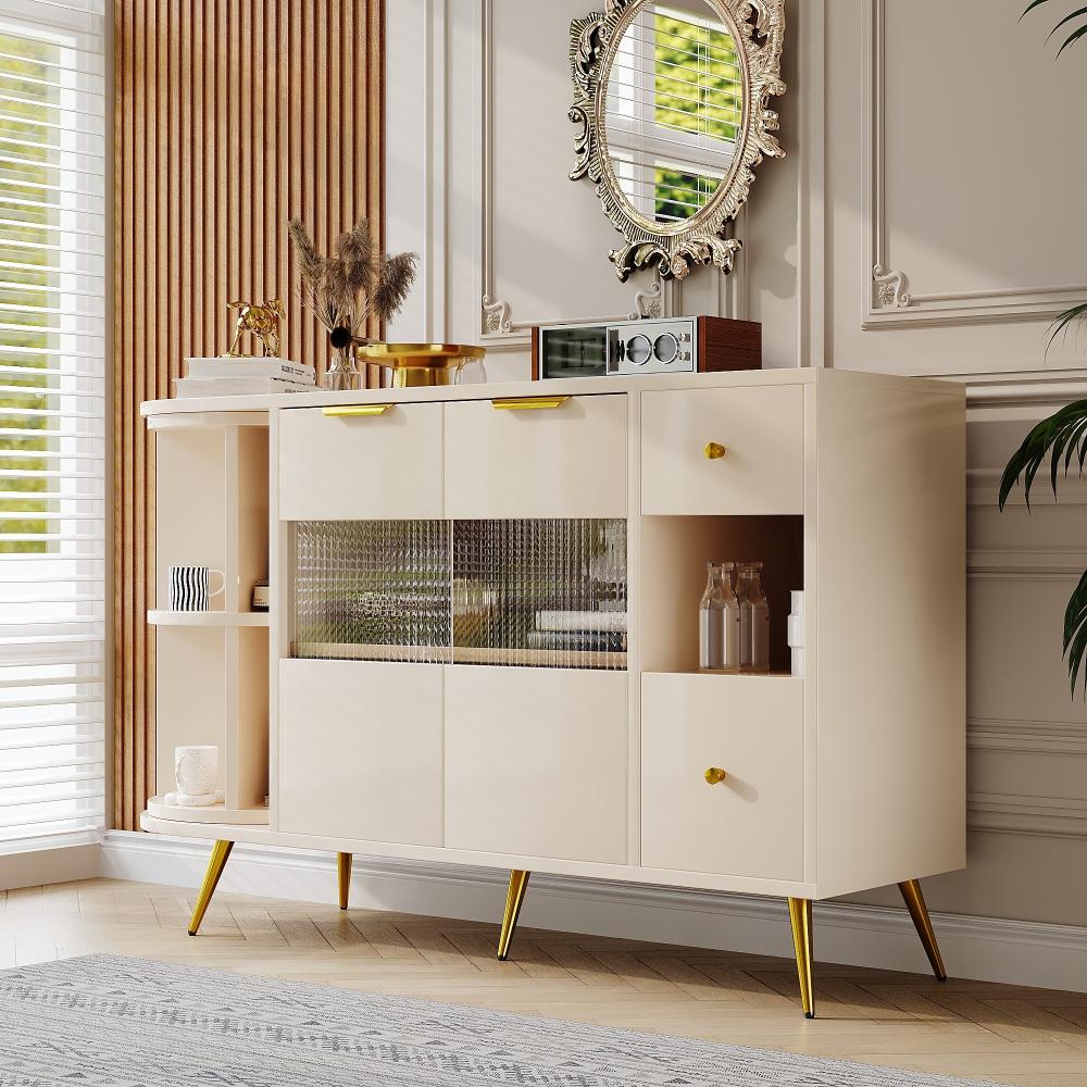 Merax Sideboard Kommode mit 360° drehbar Regal, mit 2 Glasstüren und 2 Schubladen, mit LED-Beleuchtung Konsolentisch Wohnzimmer, 130*40*80cm, Beige Bild 1