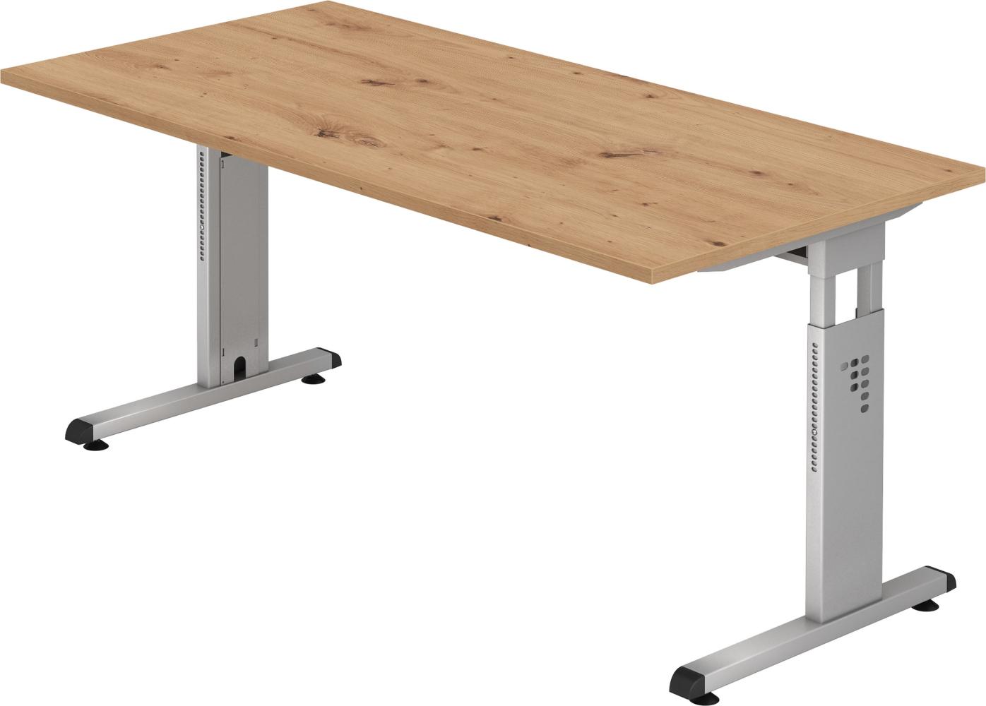 bümö höhenverstellbarer Schreibtisch O-Serie 160x80 cm in Asteiche, Gestell in Silber - PC Tisch für's Büro manuell höhenverstellbar, Computertisch verstellbar, OS-16-R-S Bild 1