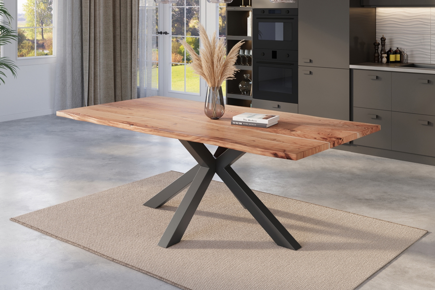Esstisch Baumkante massiv Akazie natur 200 x 100 cm Spider-Gestell schwarz KALEA 77144585 Bild 1