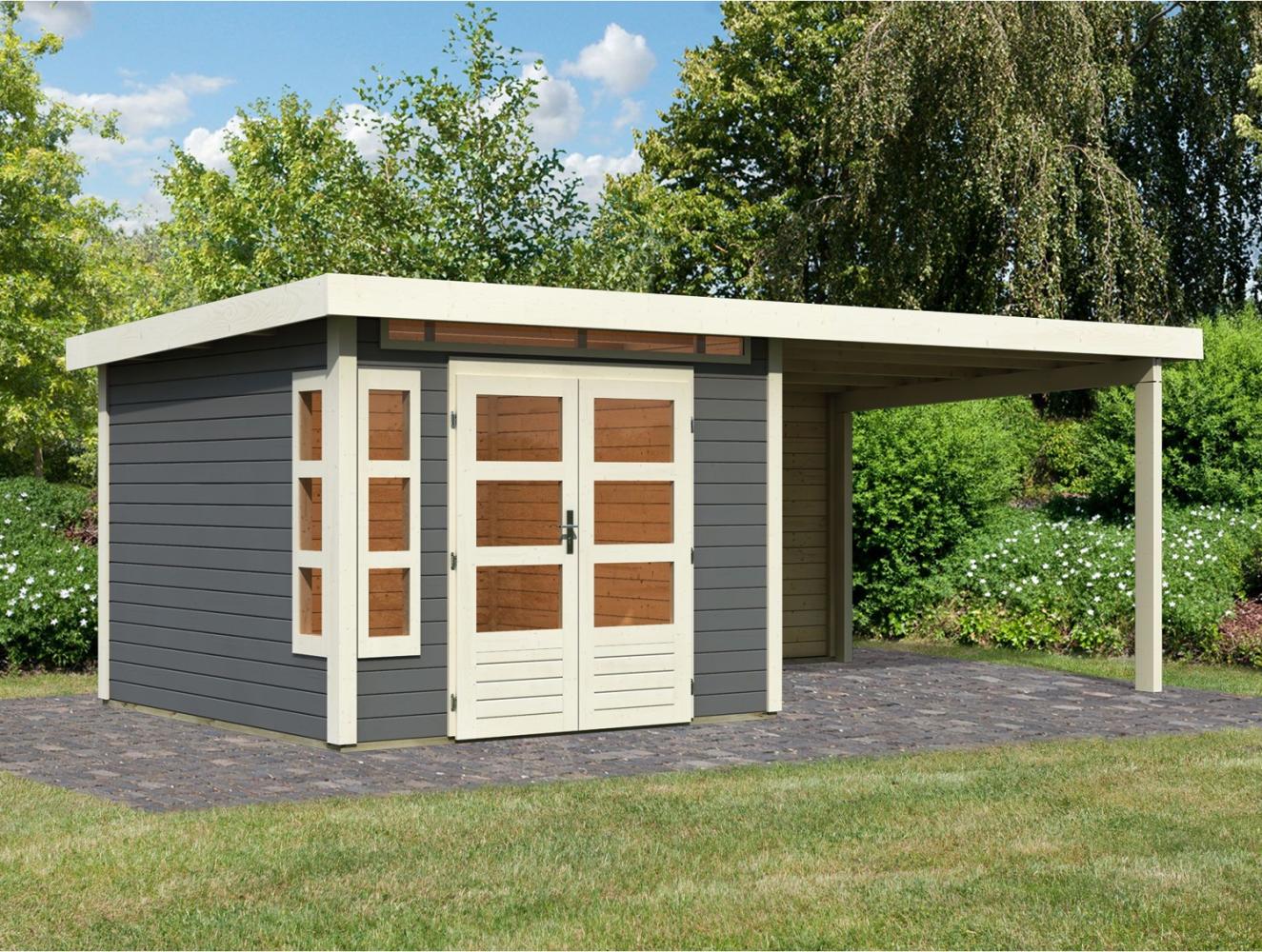 Gartenhaus Kastorf 6 - 274x274 cm plus Anbaudach 3,20m mit Rückwand, 28 mm Holz terragrau, Karibu Bild 1