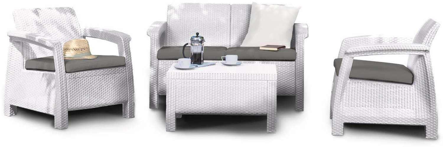 Dmora Loungeset für draußen Nelson, Outdoor-Lounge mit Couchtisch, Terrassenset mit Kissen, Gartenkomposition mit Sofa und Sesseln, 128x70 h79 cm, Weiß Bild 1