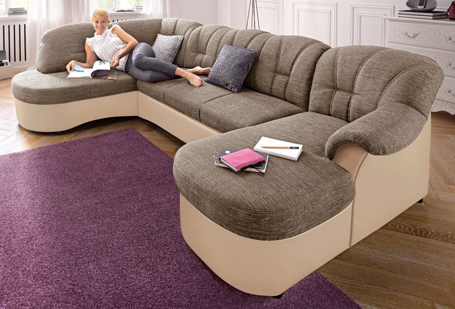 DOMO collection Wohnlandschaft Flores auch in Leder-Bezug, B/T/H: 293/180/86 cm, U-Form, 3 Teile, wahlweise mit Bettfunktion, wahlweise mit Federkern Bild 1