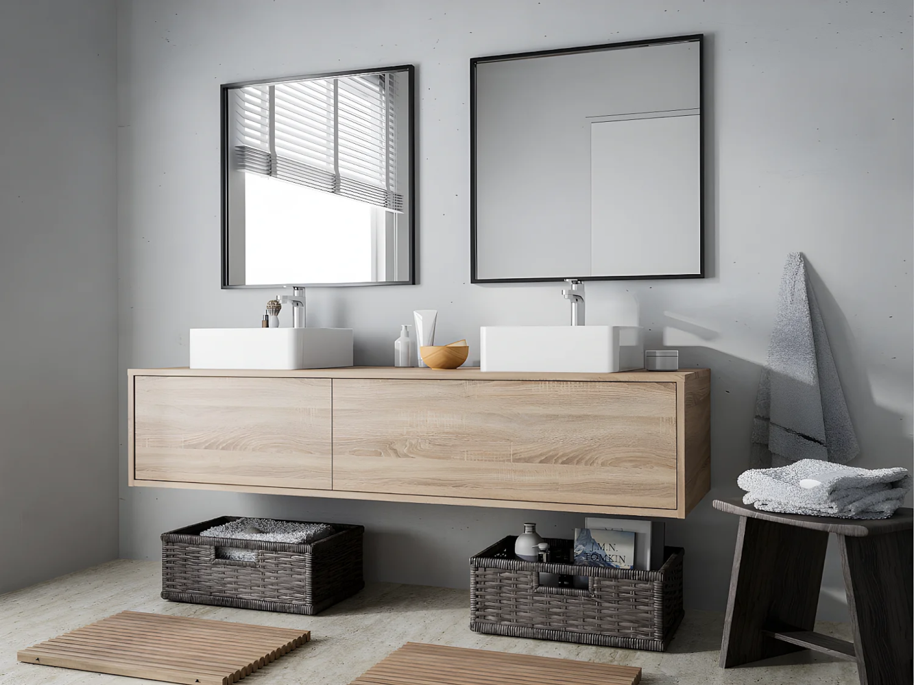 Vente-unique - Waschbeckenunterschrank hängend - Holzfarben hell - 150 cm - ISAURE II Bild 1