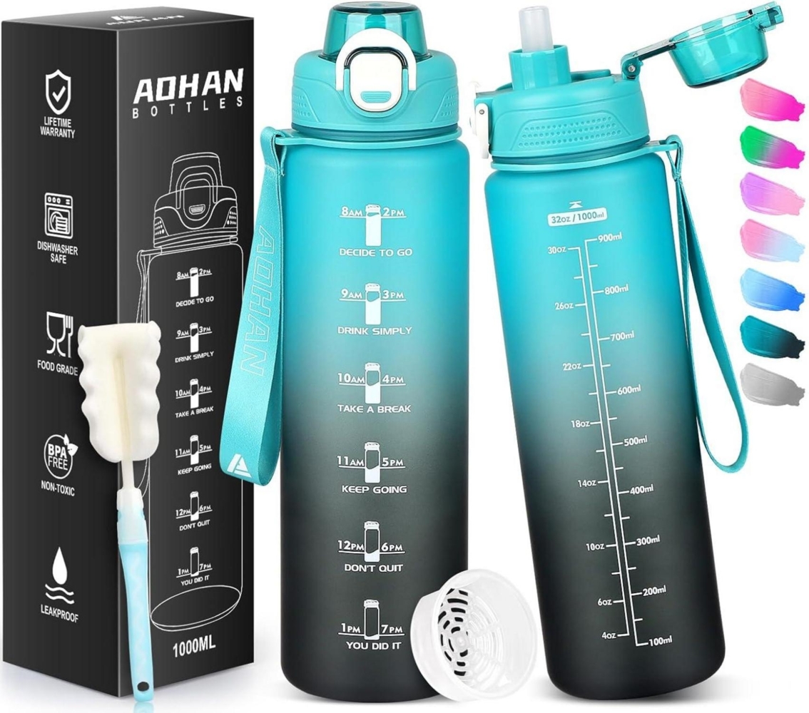 AOHAN Trinkflasche Sport 1l Wasserflasche Tritan BPA-Frei Fitness Outdoor Grün Bild 1