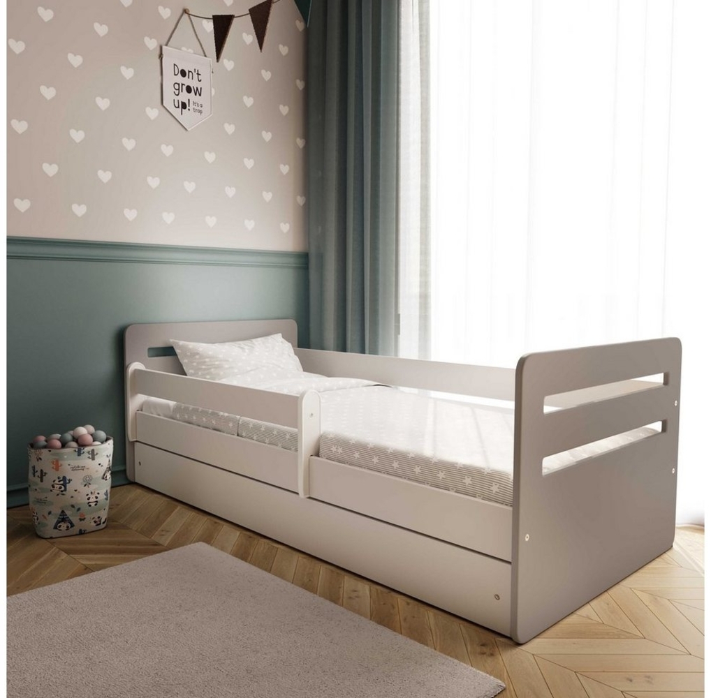 Bjird Kinderbett Tomi 140x80 160x80 180x80 (Mit 8 cm Matratze), mit Rausfallschutz Schubalde und Lattenrost für Mädchen und Junge Bild 1