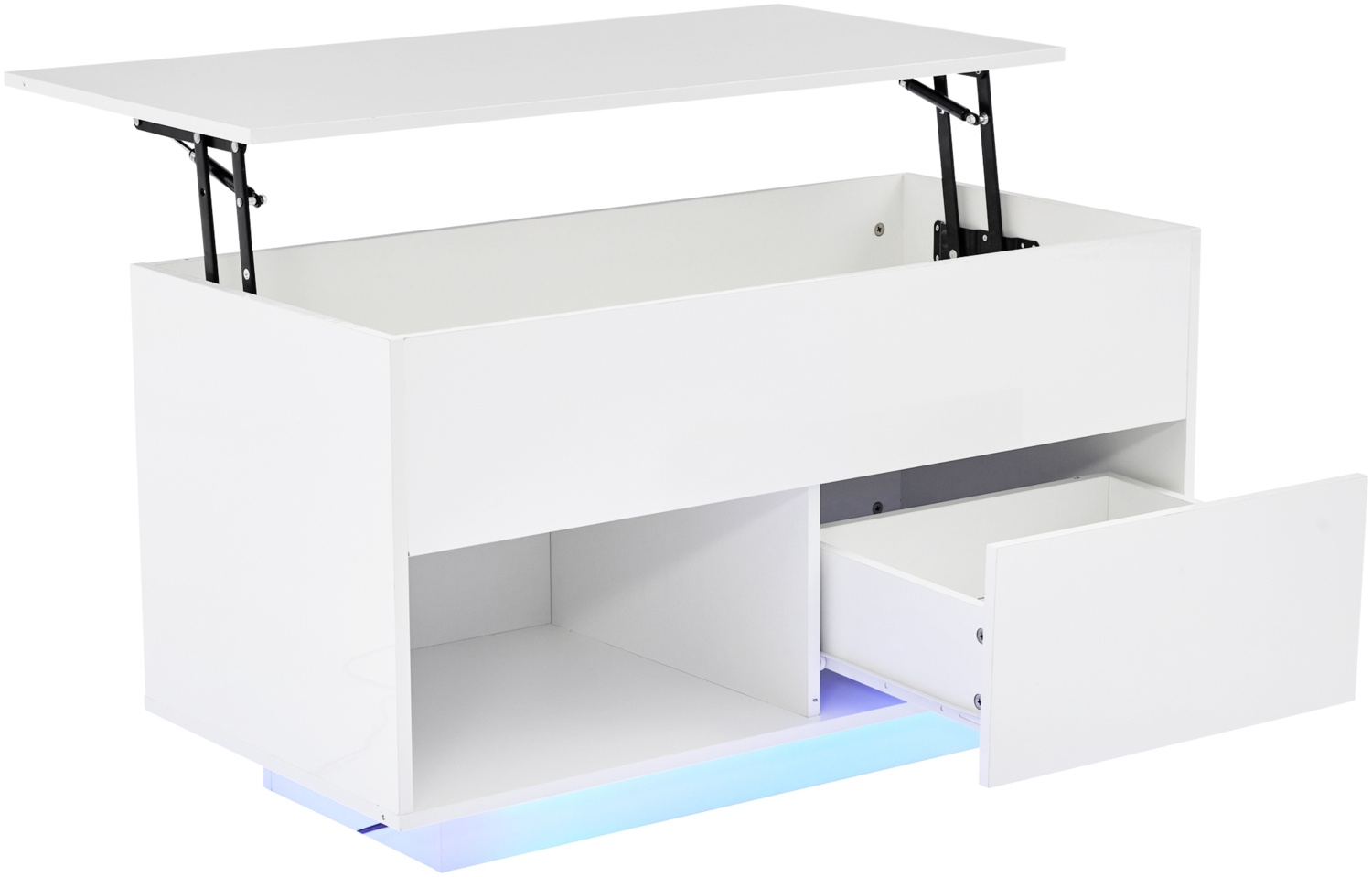 Merax 100x50x55 cm Hochglanz-Lift-Top-Couchtisch mit LED-Beleuchtung, einem Schubladen und einer Tragkraft von 50 kg , Weiß Bild 1