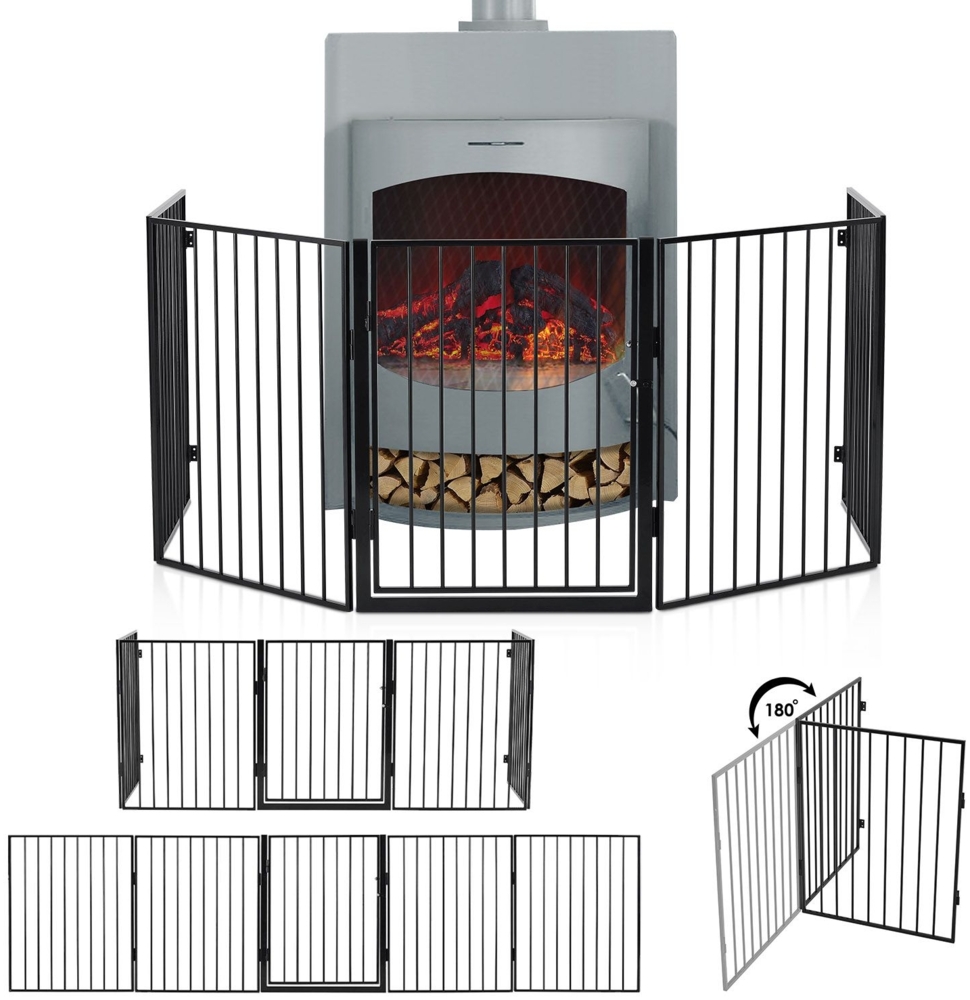 Juskys Metall Kaminschutzgitter 300 x 76 cm klappbar – Schutzgitter für Tiere – 5 Elemente inkl. Tür – Laufgitter Absperrgitter Tiergitter Bild 1