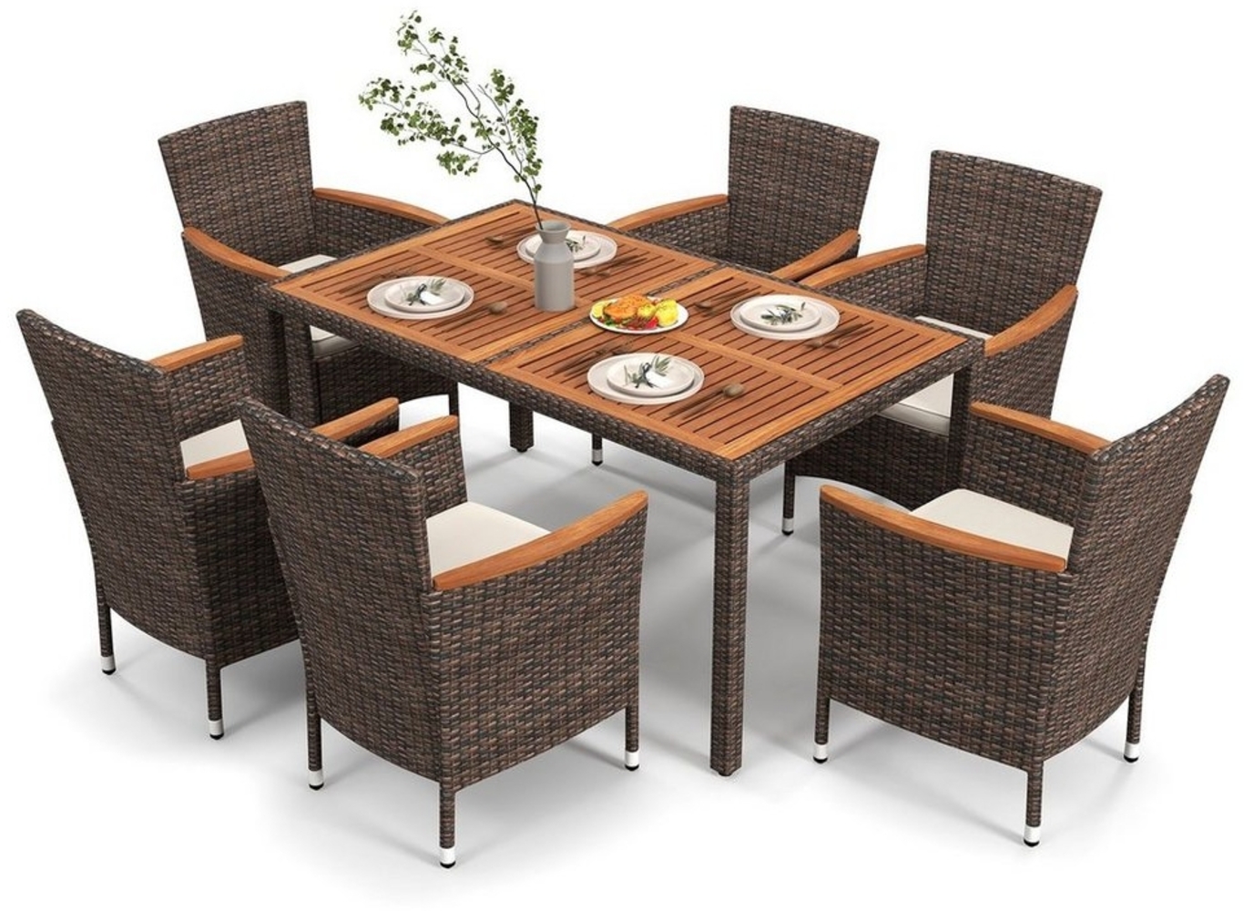 COSTWAY Garten-Essgruppe, 7-tlg, Tisch & 6 Stühle mit Kissen, Rattan, Akazien Bild 1