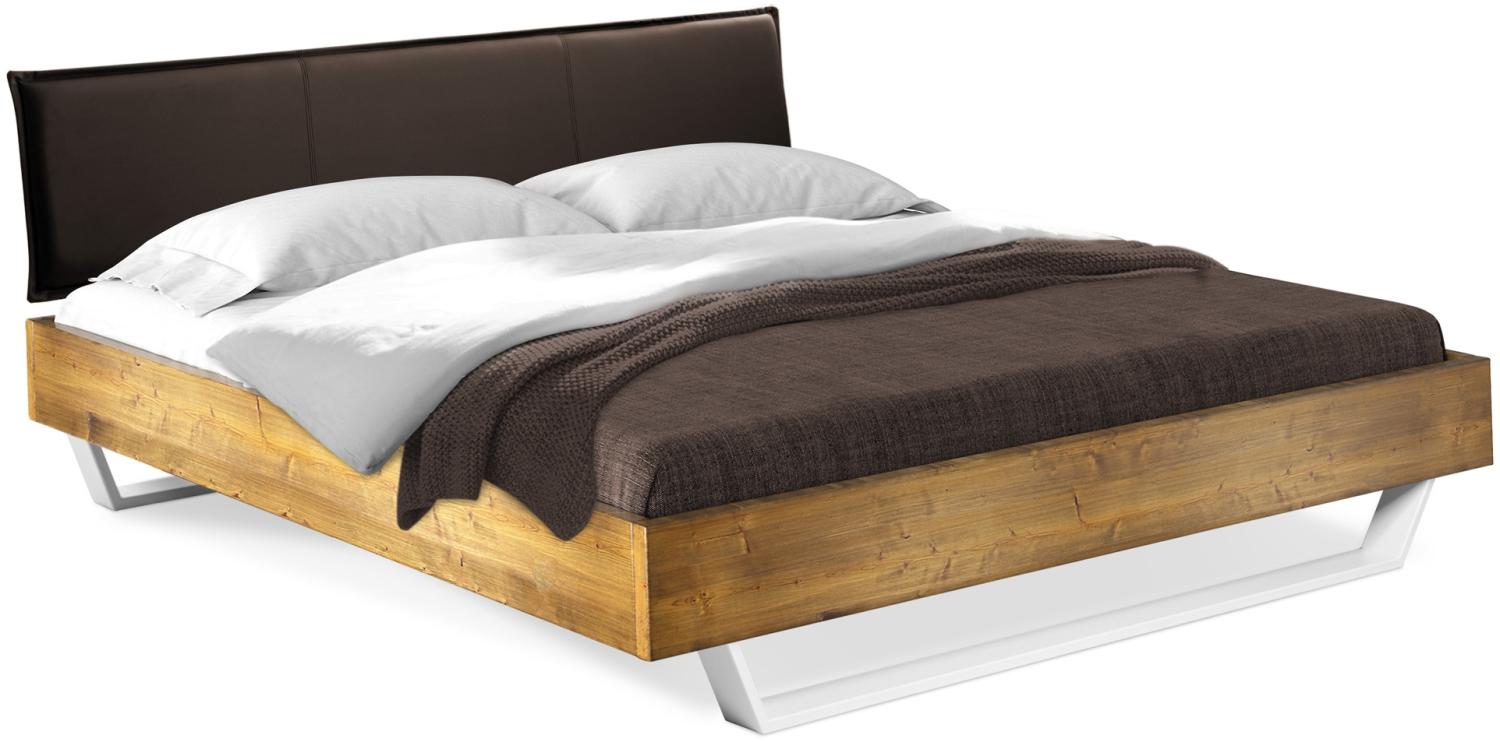 Möbel-Eins CURBY Kufenbett mit Polster-Kopfteil, Material Massivholz, rustikale Altholzoptik, Fichte, Kufen Weiß vintage 160x200 cm Kunstleder Braun Bild 1