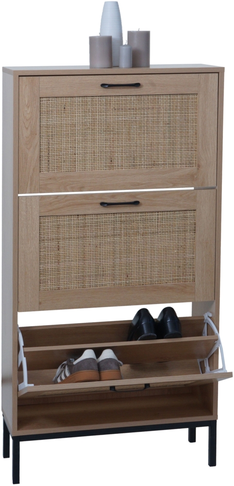 Schuhschrank HWC-N92, Schuhkipper Schuhregal, 3 Fächer Rattanfront Melamin, 126 x 63 x 24 cm ~ Eiche-Optik Bild 1