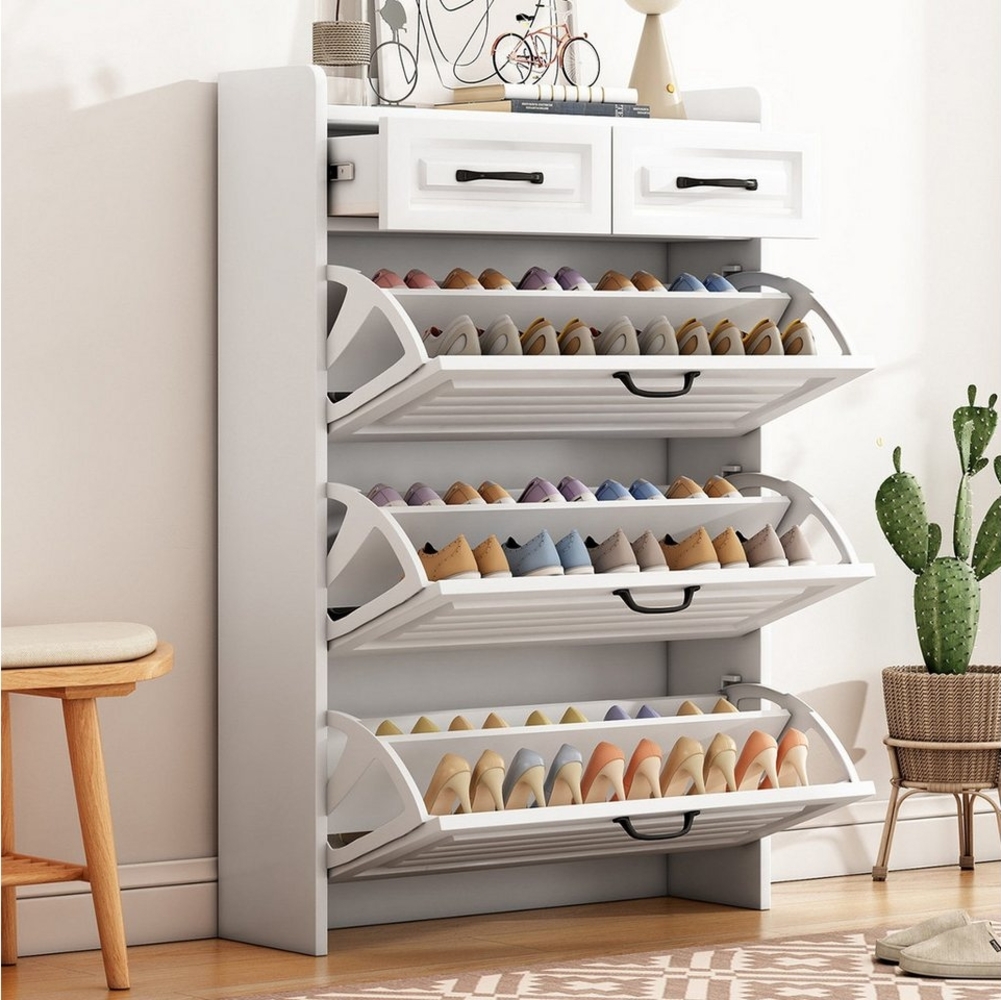 BBWL Schuhschrank Schuhkommode B80×T23,5×H131 cm mit drehbarem Schuhregal (3 Klappen & 2 Schubladen, weiß, mit Metallgriffen & Kippsicherung – platzsparender Schuhschrank für Flur & Wohnzimmer) Bild 1