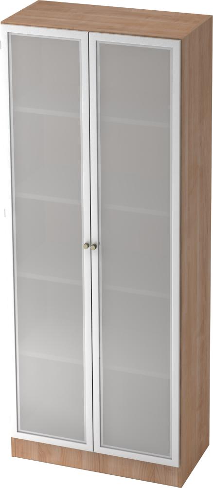 bümö office Aktenschrank mit Milchglastüren, Büroschrank groß aus FSC-Holz, 80cm breit in Nussbaum/Silber - Schrank, Büroschrank, Büro Möbel Schrank System, 6100G-N-S-SG Bild 1