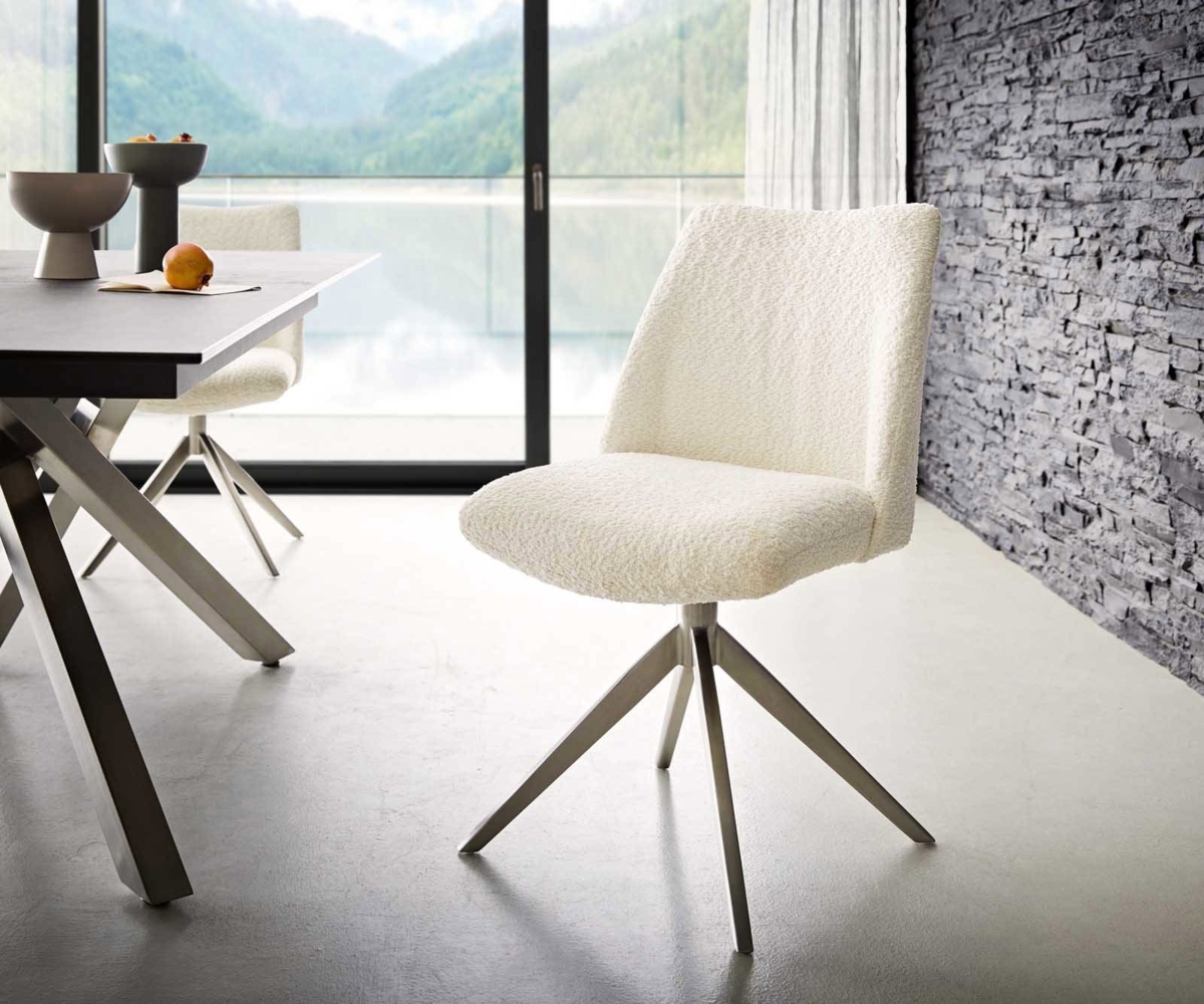 Drehstuhl Elso-Flex Bouclé Weiß Kreuzgestell breit Edelstahl 360° drehbar Taschenfederkern Bild 1