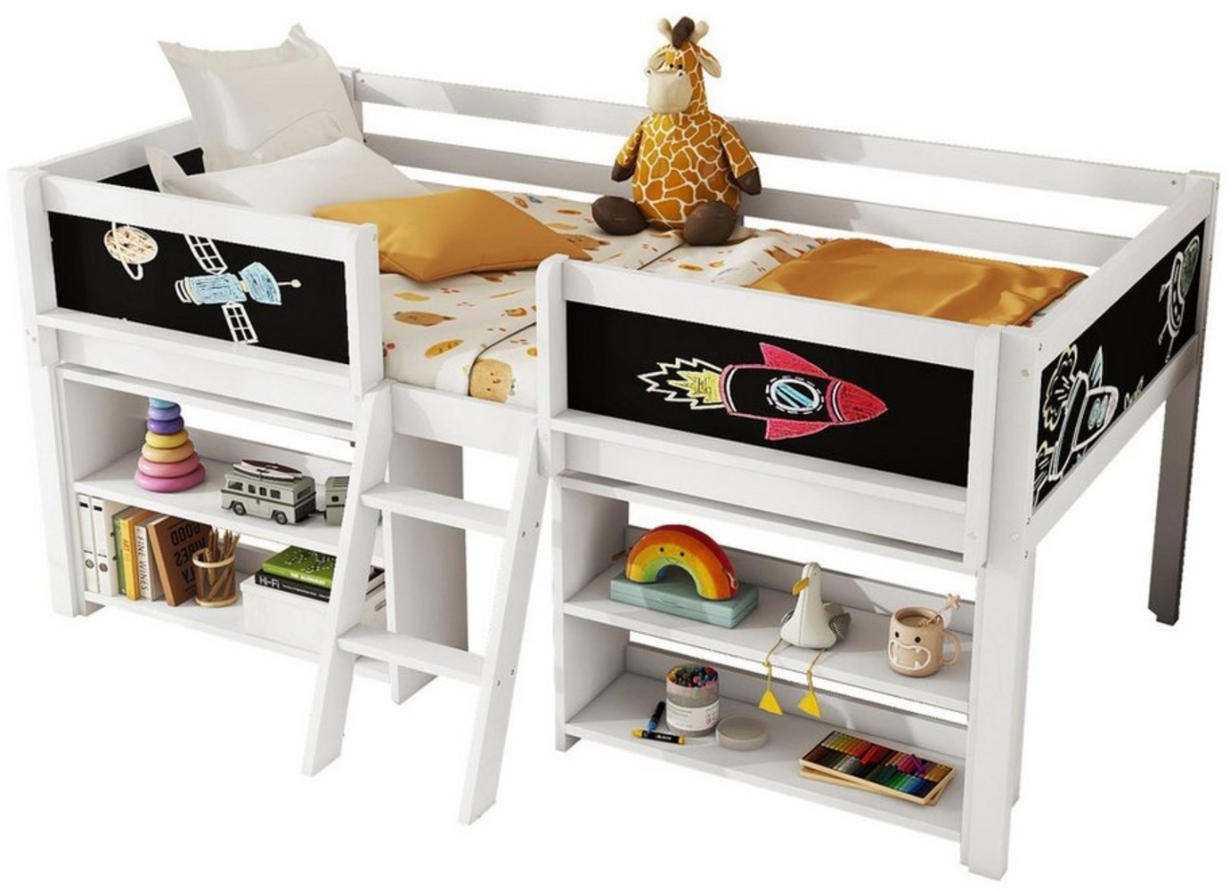 Flieks Hochbett Halbhohes Bett Kinderbett 90x200 cm mit Tafel, Ablagefächer und Leiter Bild 1