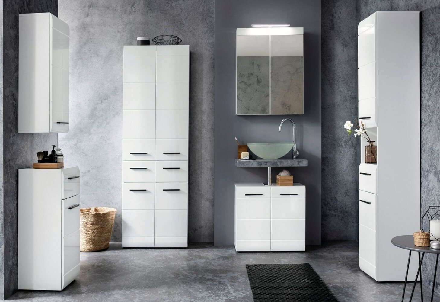 INOSIGN Badmöbel-Set Sovana, (Set, 3-St), Badezimmermöbel - Spiegel mit Beleuchtung, Hochschrank und Waschtisch Bild 1