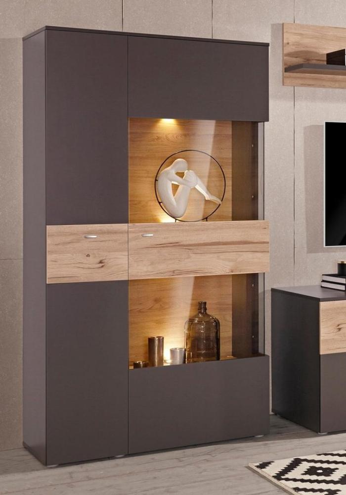 Highboard Vitrine COMO Verglasung rechts Optik Grau / Planked Eiche Bild 1