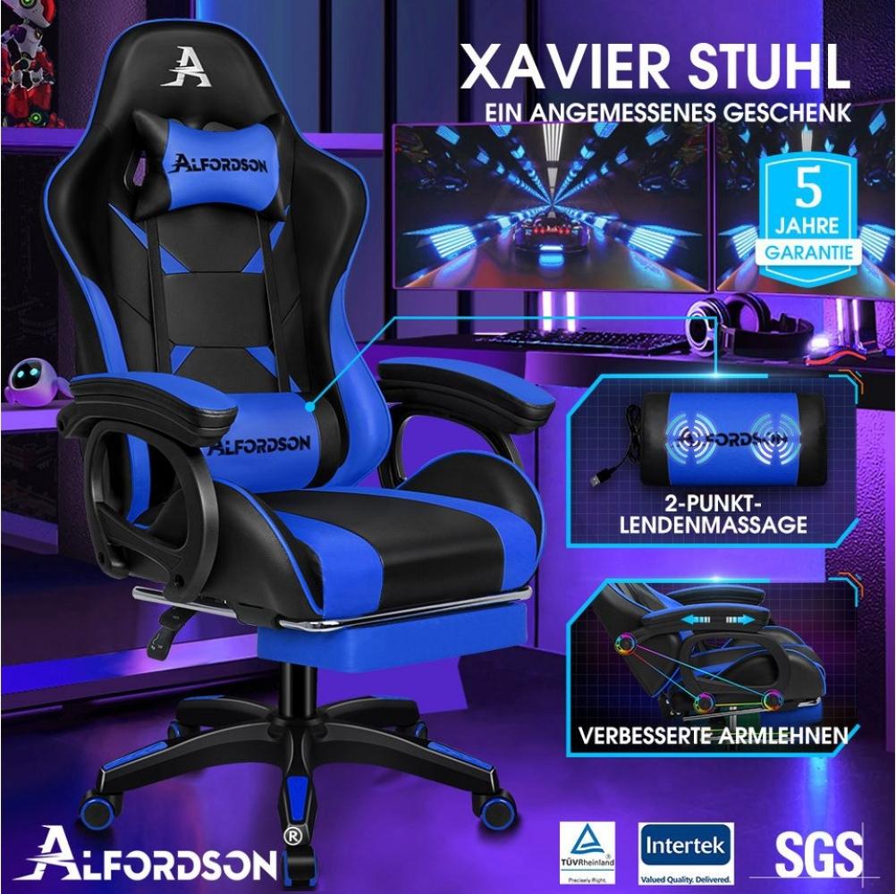 ALFORDSON Gaming-Stuhl mit Massage, verstellbar, PU-Leder, blau und schwarz Bild 1