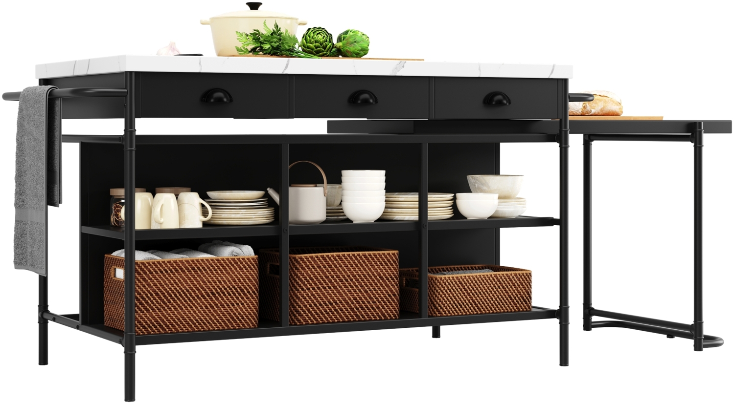 Merax Kitchen Islands, Extendable Faux Marble Top Industrial with 3-Drawer, Multifunktionales Küchen- und Esszimmer-Möbel, Kücheninsel Küchenregal Küchewagen Sideboard, MDF Arbeitsplatte Küche Regal Bild 1