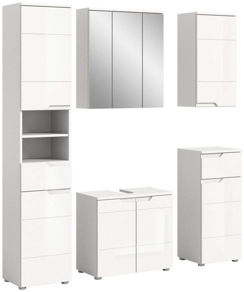 INOSIGN Badmöbel-Set CAPRI, 5-teilig, mit eingefasster Griffmulde, bestehend aus:, Hochschrank, WBU, Spiegelschrank, Unterschrank und Hängeschrank Bild 1