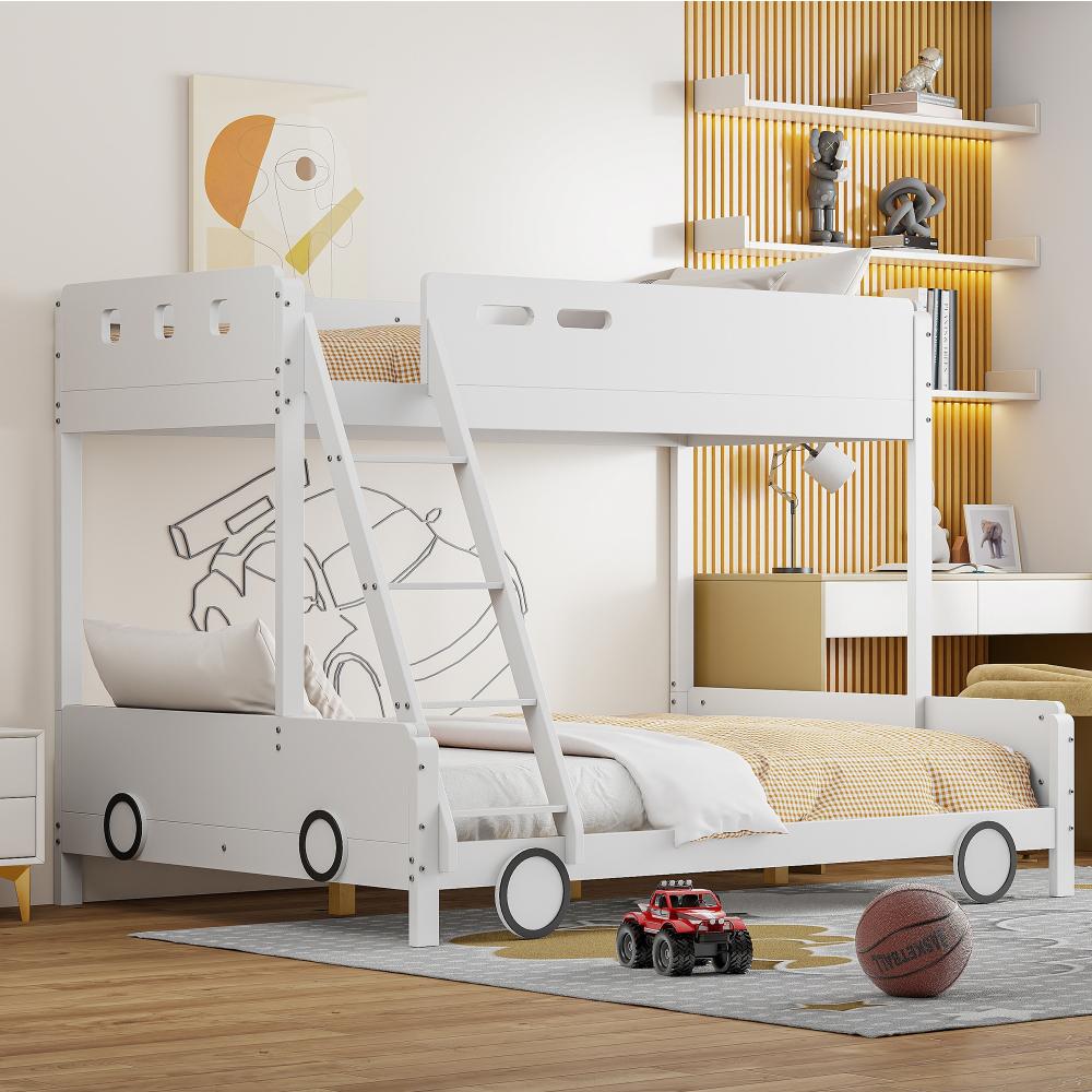 Merax Etagen-Kinderbett aus Holz, oberes Bett 90*200cm, unteres Bett 140*200cm, Kinder-Familienbett, Etagenbett, Massivholzrahmen, Autoform, Weiß Bild 1