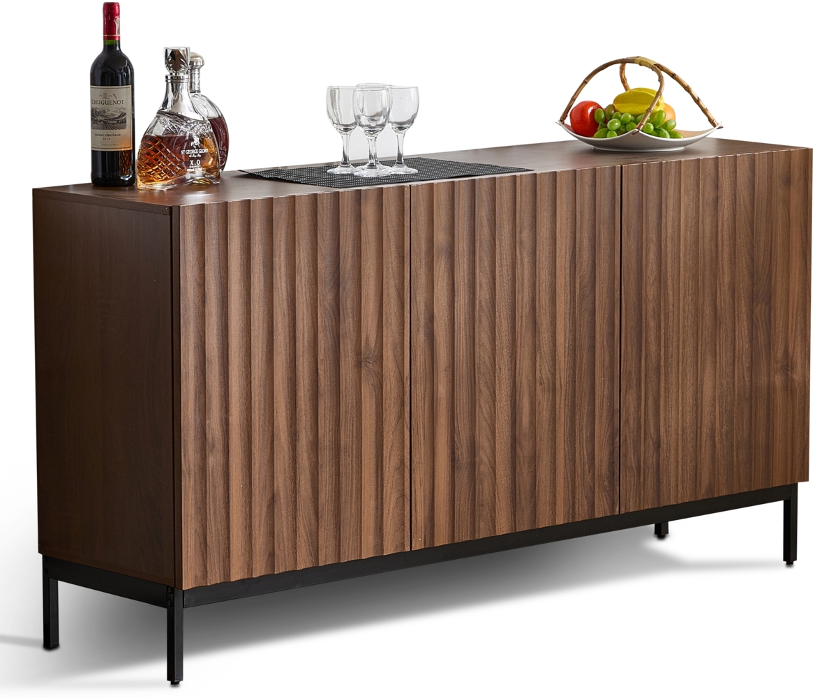 Merax 150x40x80cm Eiche dunkel gemasert, Sideboard, Mid-Century Modern Dekoschrank, 3 Türen, welliges 3D-Design, verstellbare Einlegeböden, Kippsicherung-stilvolle Aufbewahrung für Wohnzimmer, Esszimmer Bild 1