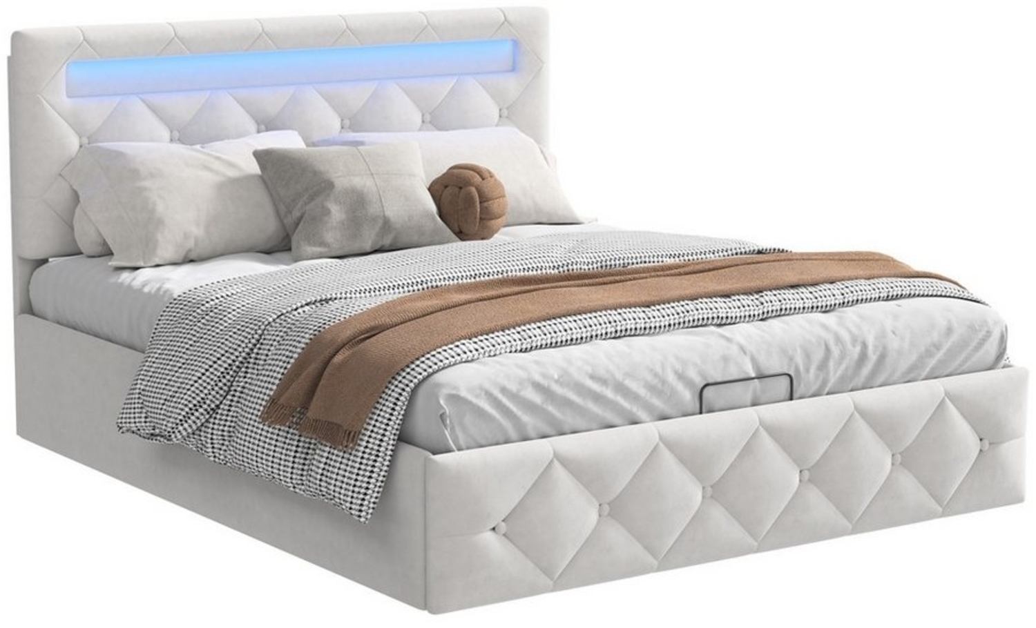 FUROKOY Stauraumbett Polsterbett Doppelbett mit LED Beleuchtung Kopfteil (Bettgestell mit Metallrahmen und Lattenrost), Hydraulisches Bett Jugendbett, ohne Matratze, Samt, Beige, 140x200 cm Bild 1