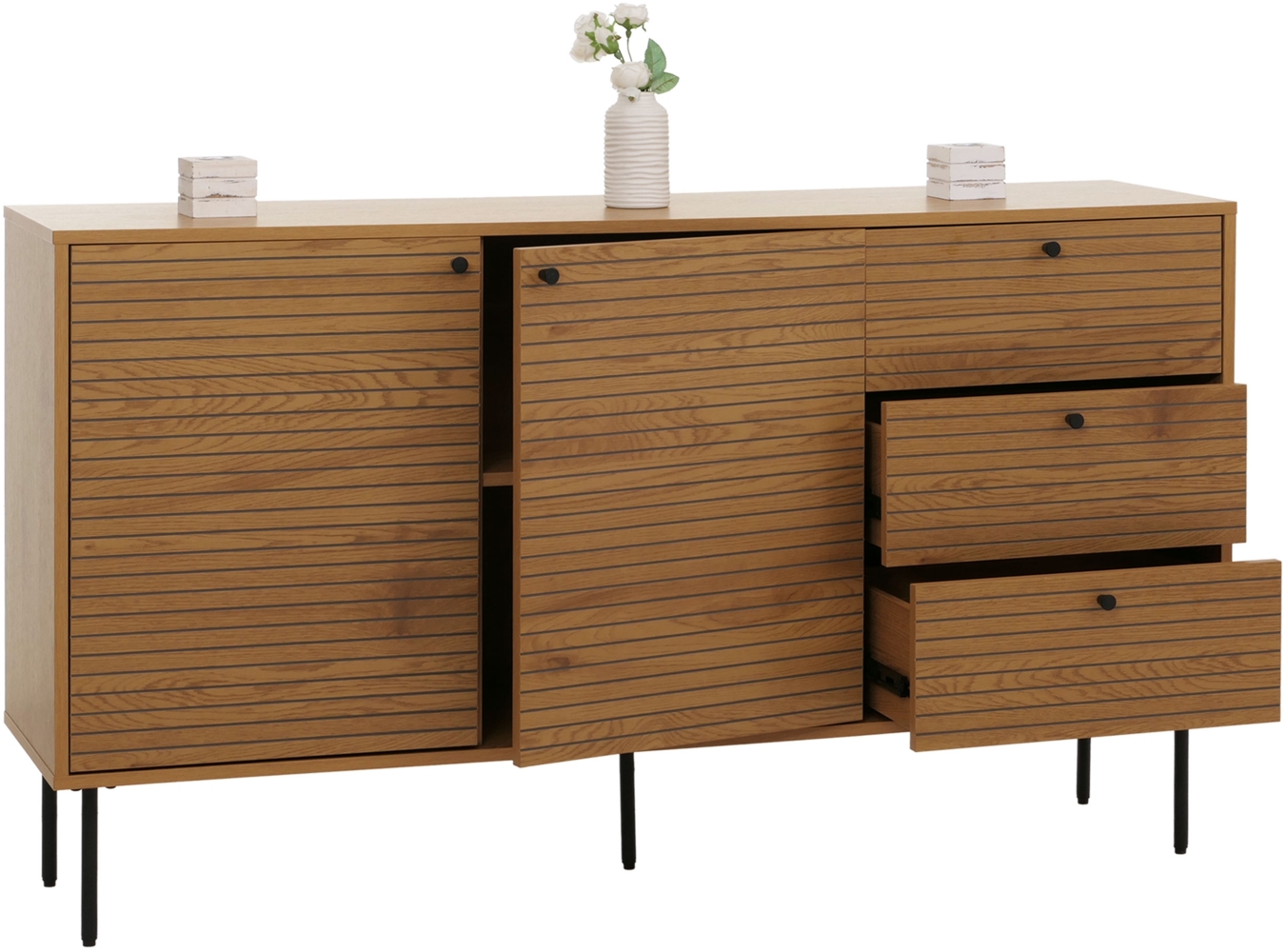 Kommode HWC-N78, Sideboard, 3 Schubladen 2 Türen, skandinavischer Stil Metall Holz Melamin MVG 85 x 150 x 40 cm ~ natur Bild 1