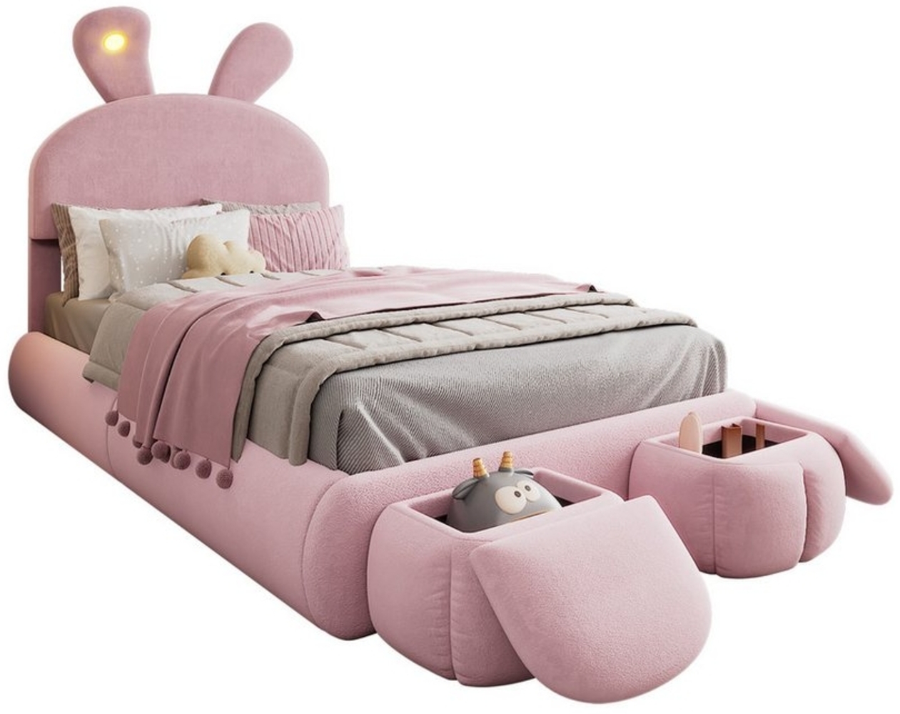 OKWISH Kinderbett Funktionsbett Stauraumbett Polsterbett (Hasenohren mit einstellbarer Helligkeit warmfarbenen Lichtstreifen, mit zwei Aufbewahrungshockern, Kinderbett mit Holzlatten 90x200 cm), mit Matratze Bild 1