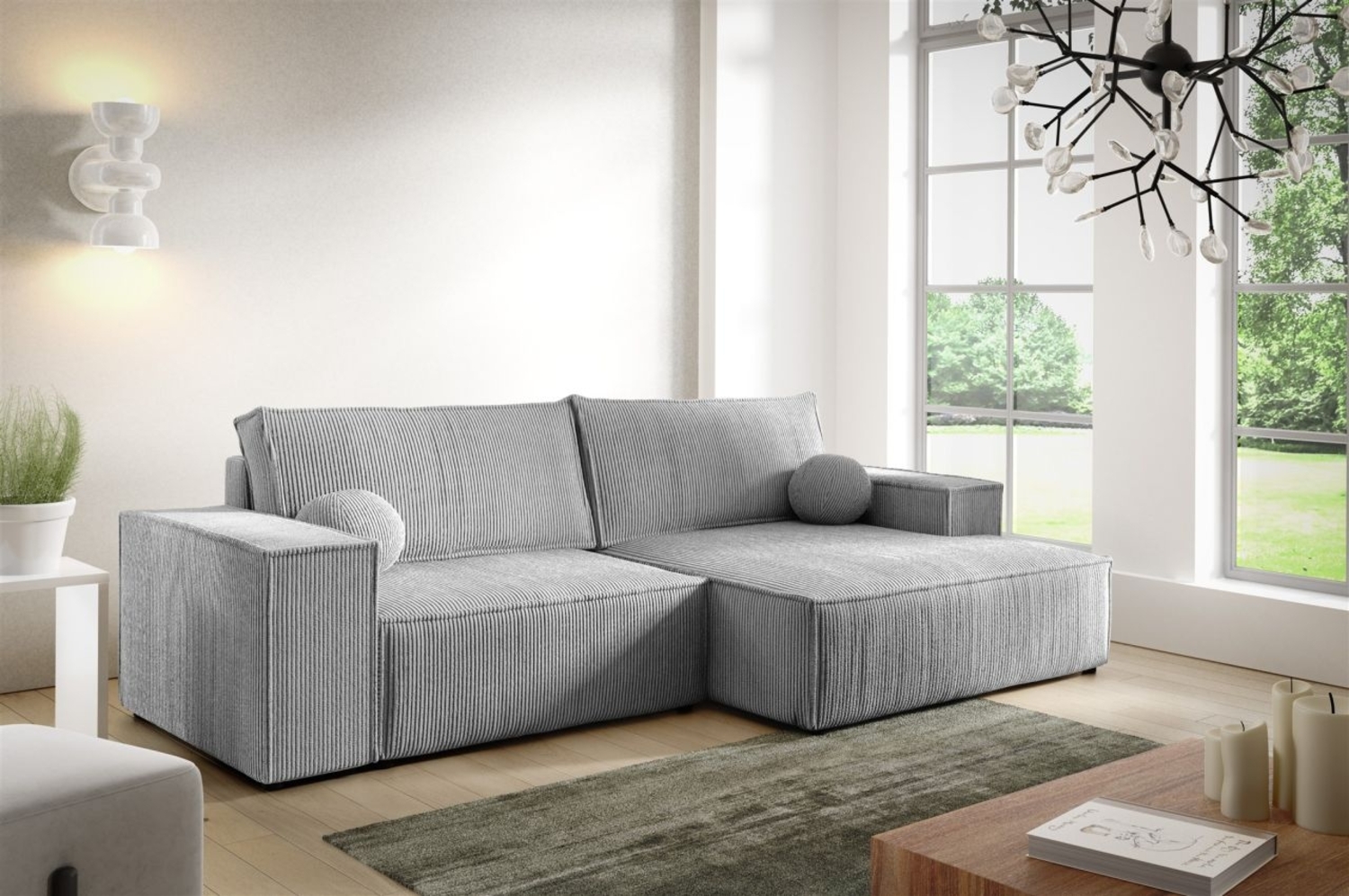 Ecksofa Schlafsofa CORUNIA XS Stoff Poso Graublau Ottomane Rechts Bild 1