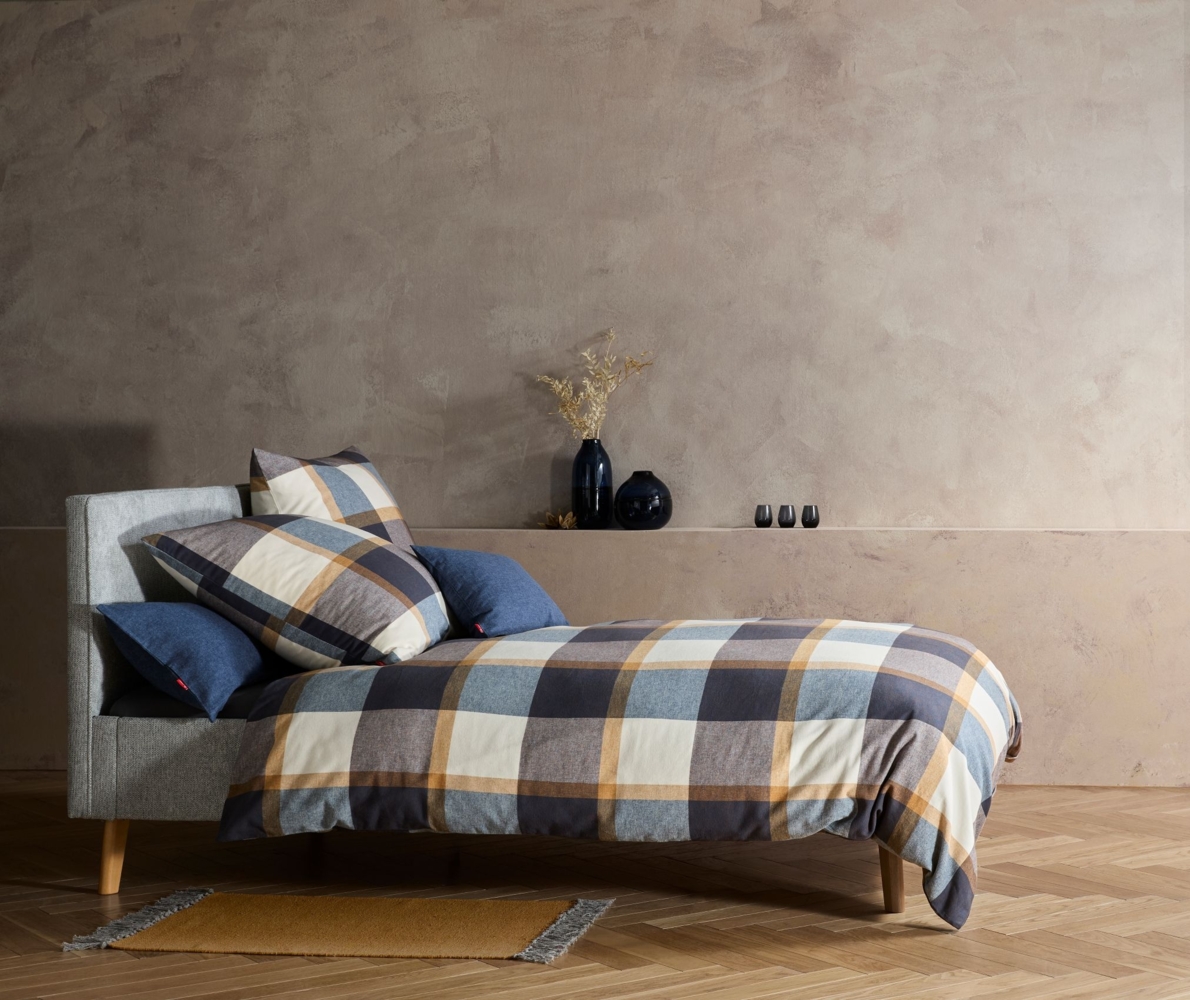 Fleuresse Lech Edelflanell Bettwäsche 155x220 Karo blau gold beige 604578-02 Bild 1