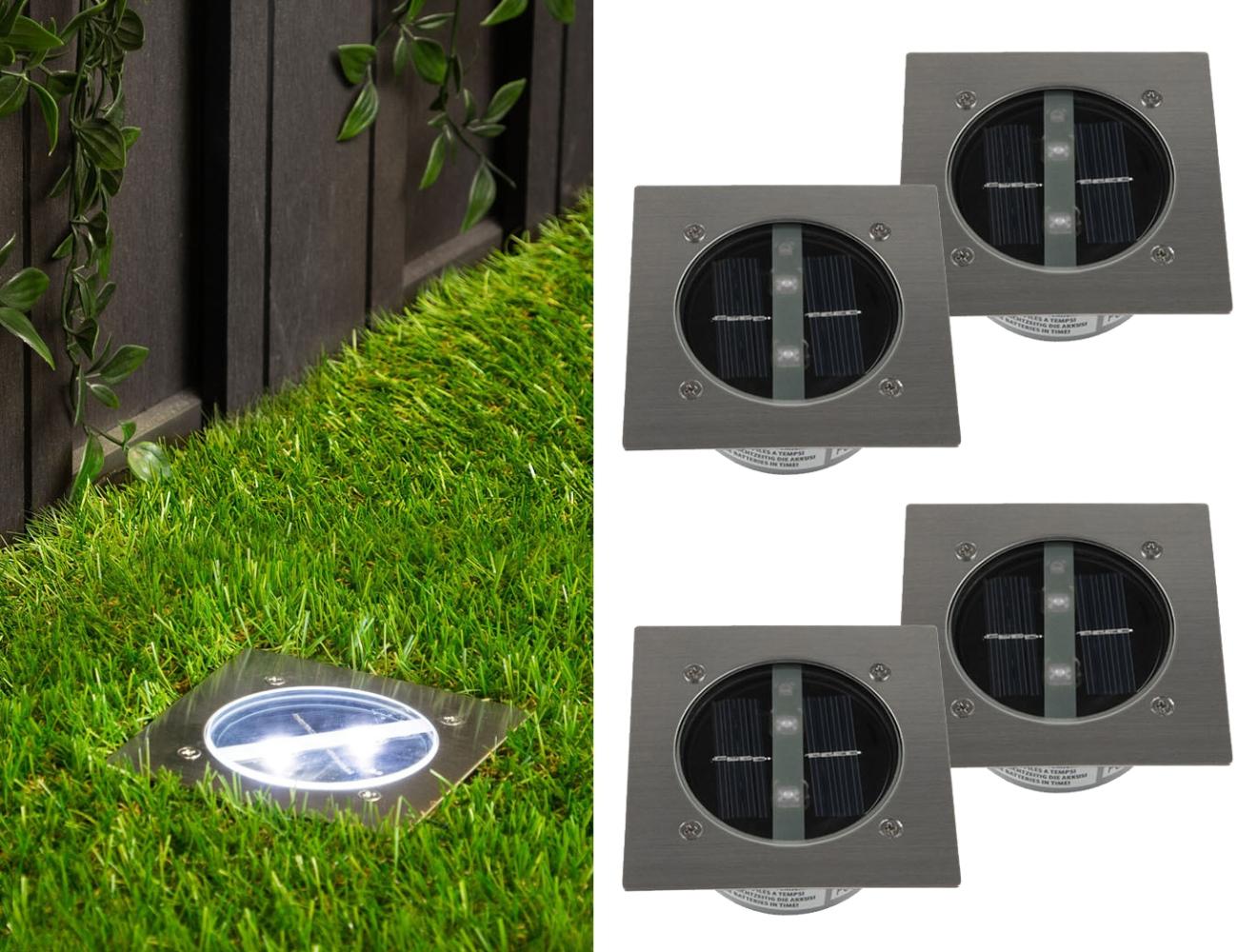 Solar LED Bodeneinbaustrahler 4er SET für Außen, Edelstahl 4-eckig 10x10cm, IP67 Bild 1