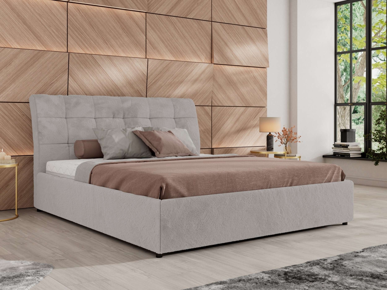 Polsterbett mit Lattenrost Gasfeder Doppelbett GALA CLASSIC gepolstert Kopfteil Bettkasten Multipocket Matratze - 180x200 cm - Hellgrau Plüsch - ELORI LUX Bild 1