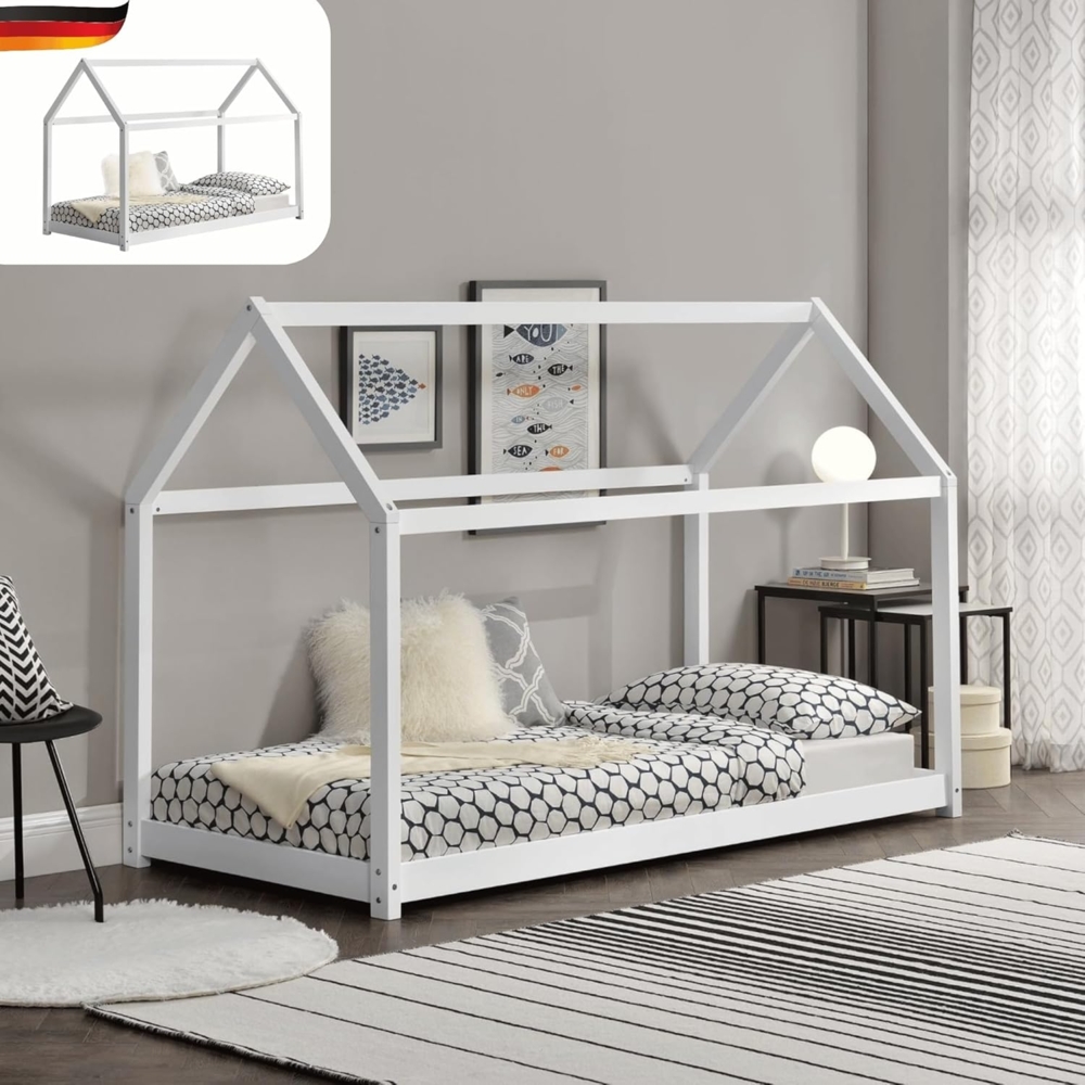 DELUKE® Kinderbett 90x200 FIDA - mit Lattenrost Kiefernholz Haus-Optik Einzelbett aus Holz Hausbett Kinderzimmer Bodenbett Montessori Bett Weiß Bild 1