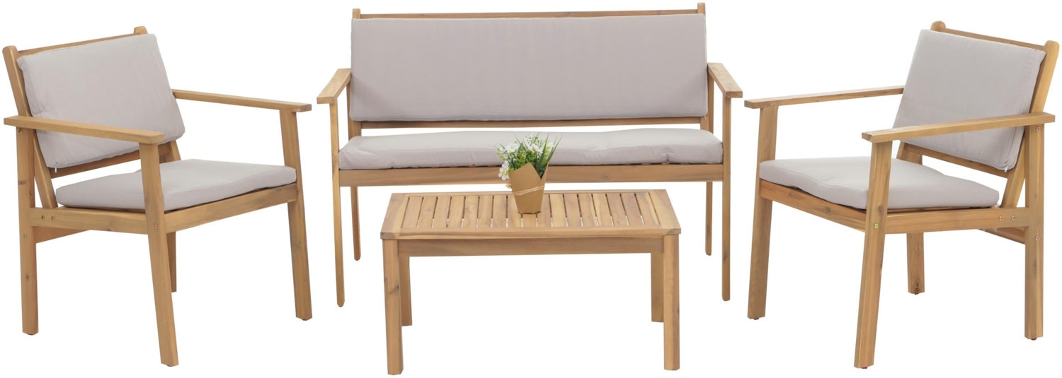 Garten-Garnitur HWC-O19, Lounge-Set Sitzgruppe Bank Sessel Tisch, Holz Akazie MVG Stoff/Textil (180g/m²) ~ Kissen grau Bild 1