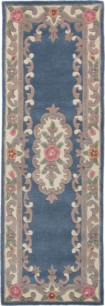 Kadima Design Traditioneller Wollteppich "Beauly" mit Handgeschnitzten Details. Farbe: Blau-Beige, 67x210 cm Bild 1