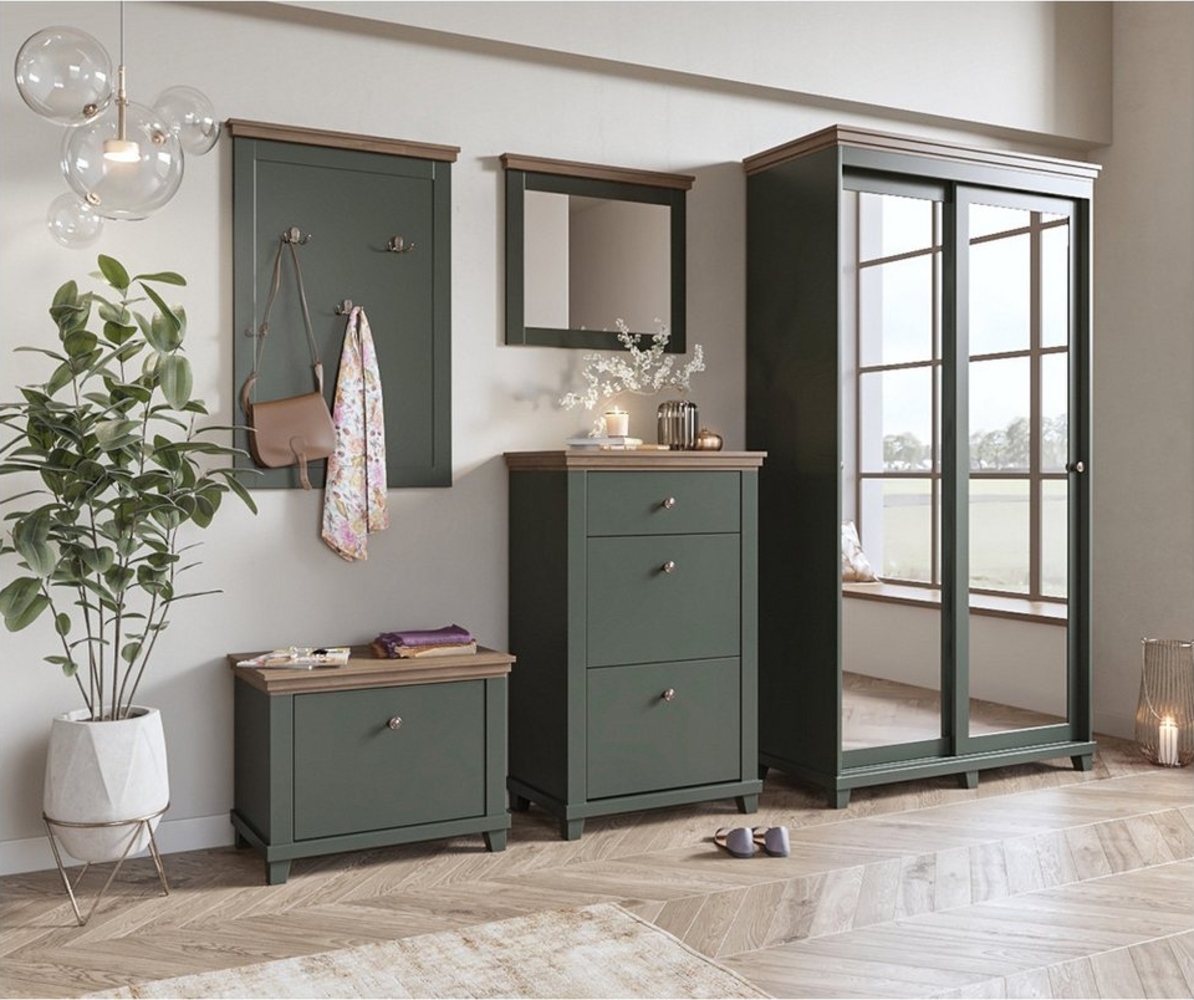 Lomadox Garderoben-Set EPSOM-83, (Spar-Set, 5-St, Schuhbank Garderobenpaneel Schuhkommode Spiegel Garderobenschrank), grün mit Eiche Landhaus Stil Flurgarderobe Dielenmöbel vintage Bild 1
