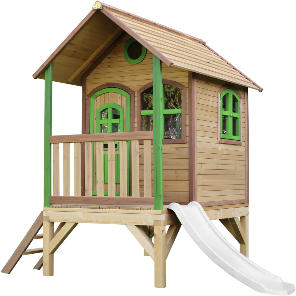 AXI Spielhaus Tom mit weißer Rutsche Stelzenhaus in Braun & Grün aus FSC Holz für Kinder | Braun, grün, weiß | Holz | 191 cm Bild 1