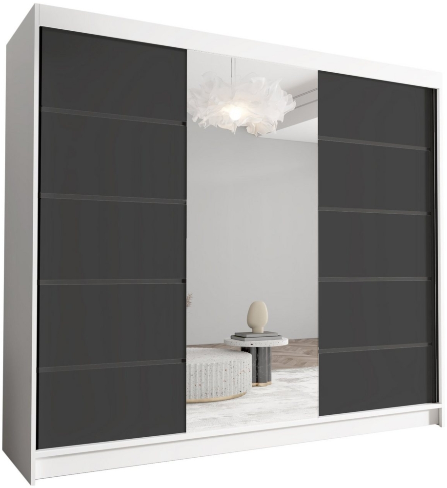 Schwebetürenschrank Netro VI 250 cm mit Spiegel - Groß Kleiderschrank, Schiebetürenschrank mit Kleiderstange und Einlegeboden, Schlafzimmerschrank, Schiebetüren, 250x215x58 cm (Weiß/Schwarz) Bild 1