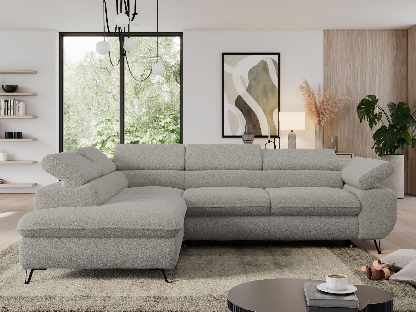 Ecksofa mit Bettfunktion, Modern Sofa, L-form, Einstellbare Kopfstützen, Bettkasten, PEDRO, 1x Ecksofa, 1x Topper, Hellgrau, Boucle, links Bild 1