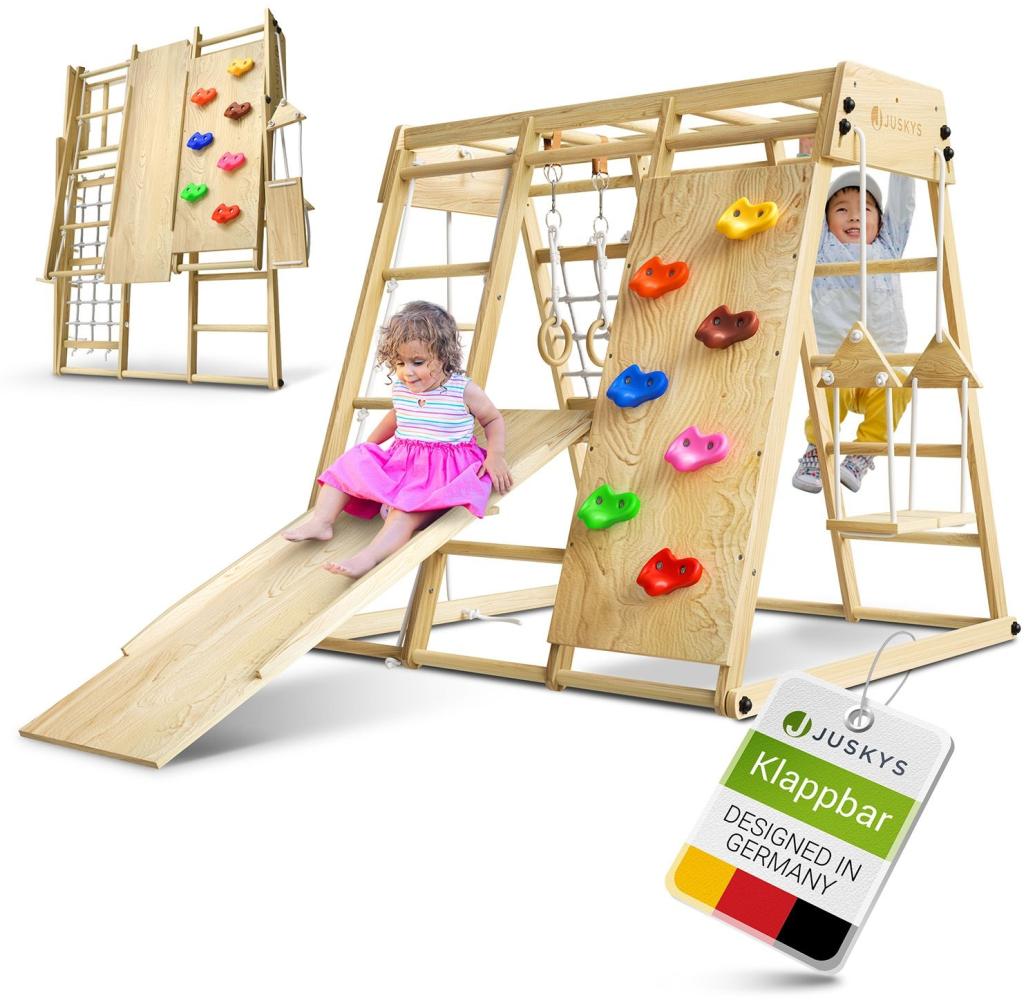 Juskys 'Maxi' Klettergerüst für Kinder - Indoor Spielplatz mit Rutsche, Kletterwand, Kletternetz & Schaukel - Holz Kletterturm klappbar - Holz Natur, 119x124x119 cm Bild 1