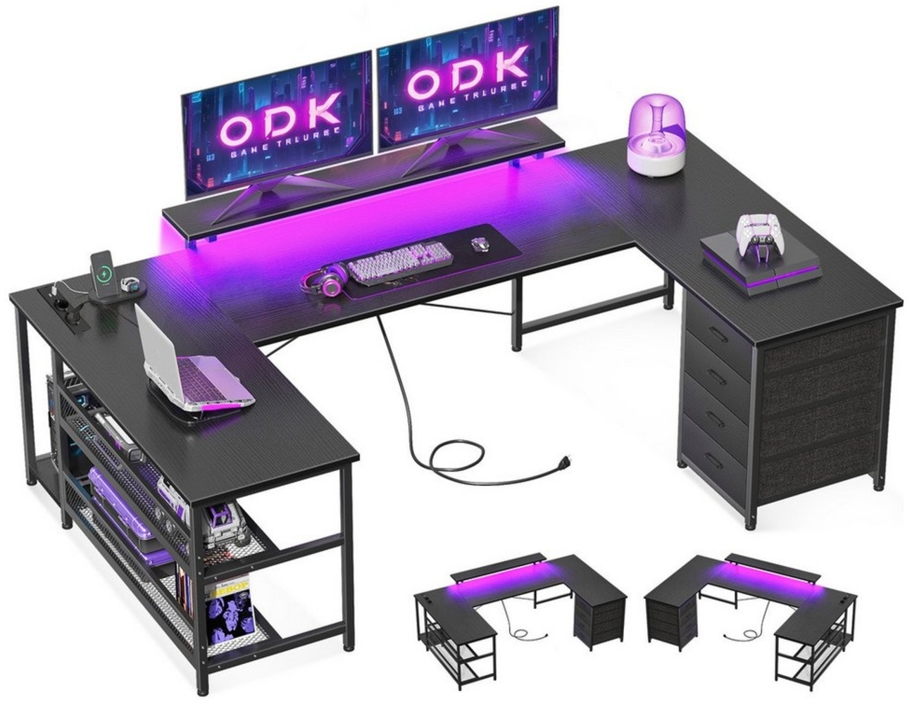 ODK Eckschreibtisch mit 4 Schubladen, 2 Steckdosen, 2 USB und LED (1 Tisch), 167×100cm Bild 1