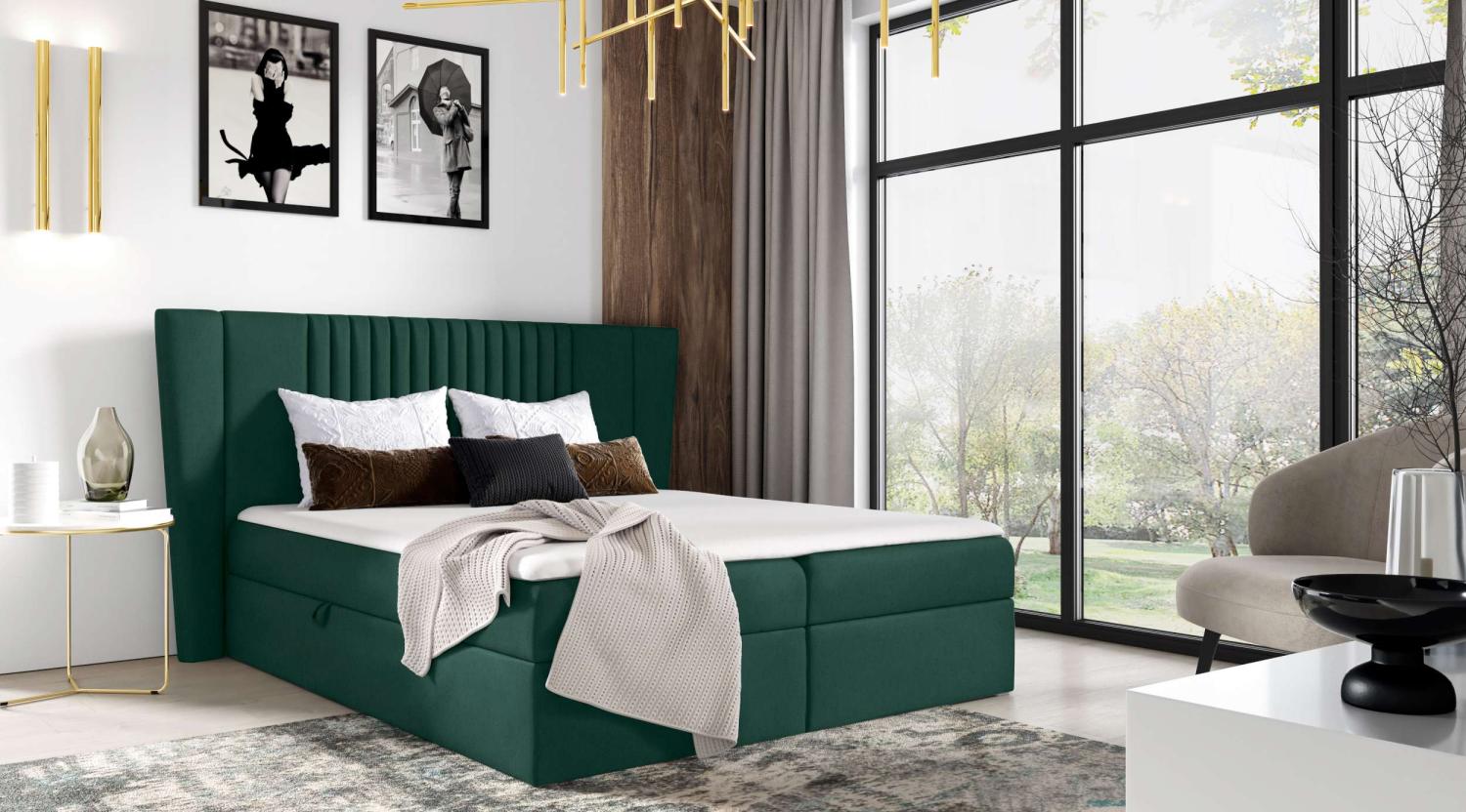 99rooms Orlando Boxspringbett 140x200 cm Velours MONOLITH Grün Bild 1