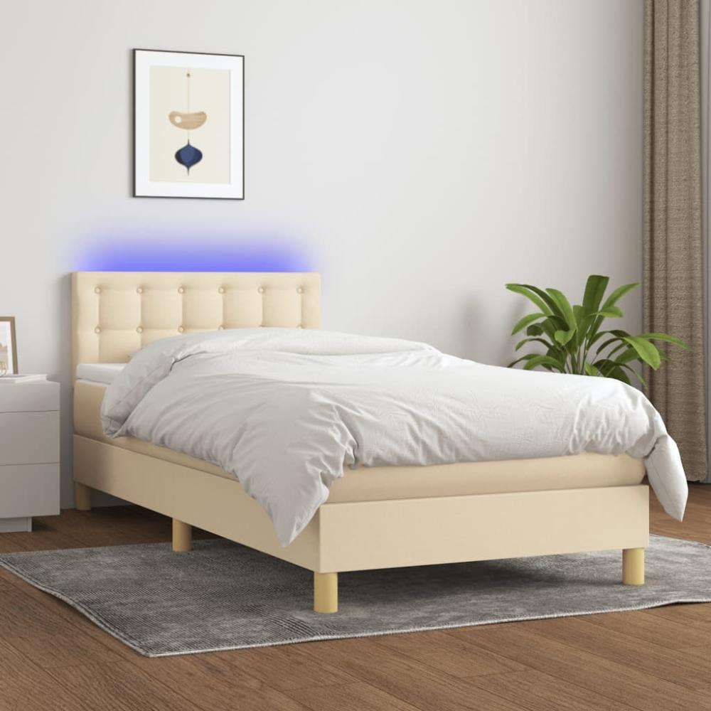 vidaXL Boxspringbett mit Matratze & LED Stoff Creme 90 x 200 cm, Härtegrad: H2 [3134010] Bild 1