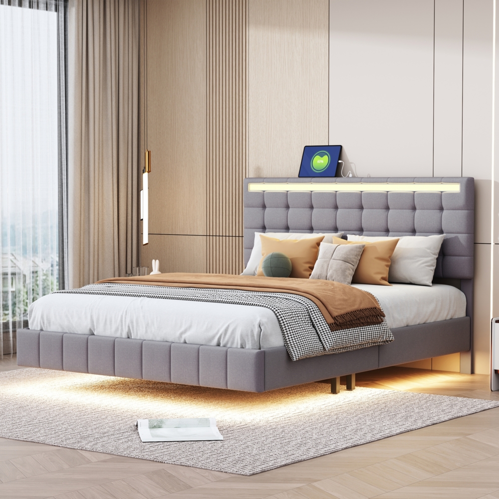 Polsterbett 140x200 cm aus Leinen mit LED-Beleuchtung – schwebendes Design Bild 1