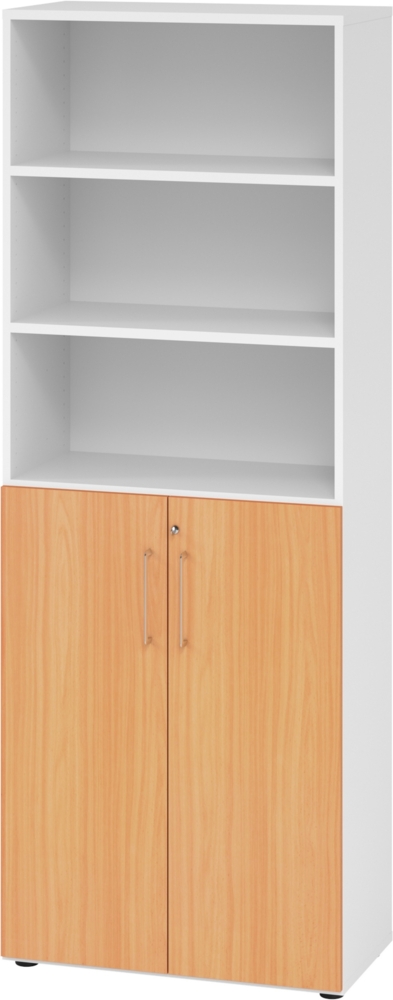 bümö Aktenregal & Schrank abschließbar, Büroschrank Regal Kombination Holz 80cm breit in Weiß/Buche - abschließbarer Schrank für's Büro & Arbeitszimmer, Büro Möbel Ordnerschrank, 968T3-W-6-BS Bild 1