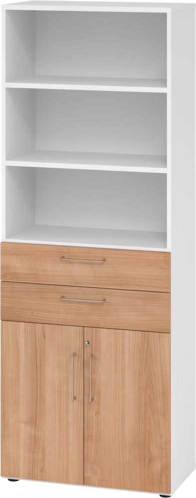 bümö Aktenregal & Schrank abschließbar, Büroschrank Regal & Schubladen Kombination Holz 80cm breit in Weiß/Eiche - Schrank für's Büro & Arbeitszimmer, Büro Möbel Ordnerschrank, 968K2-W-N-BS Bild 1