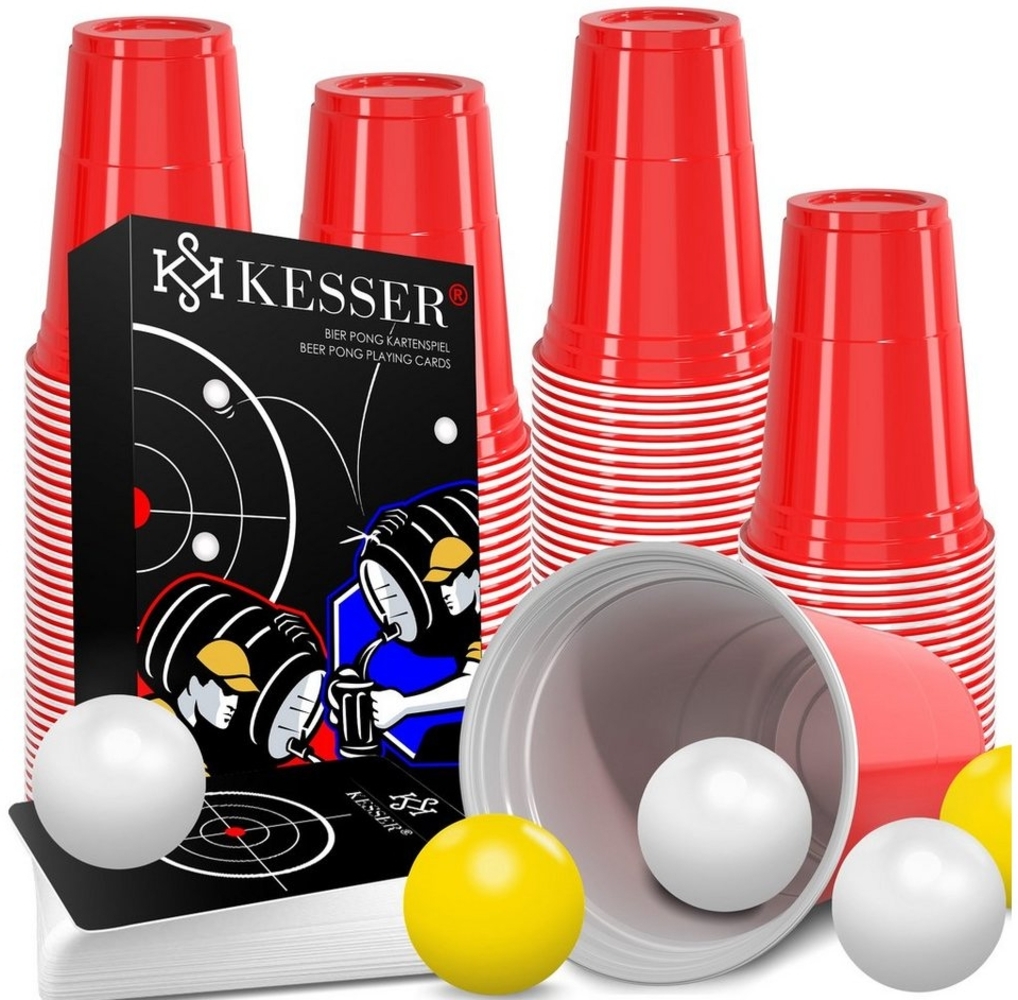 KESSER® Beer Pong Becher Set mit Kartenset 54 Karten, Bierpong Trinkspiele Partybecher Sets (100 Becher 473ml + 10 Bällen) Bierpong Cups für Erwachsene Spieleabend Geburtstag Partyspiel Hochzeit Rot Bild 1