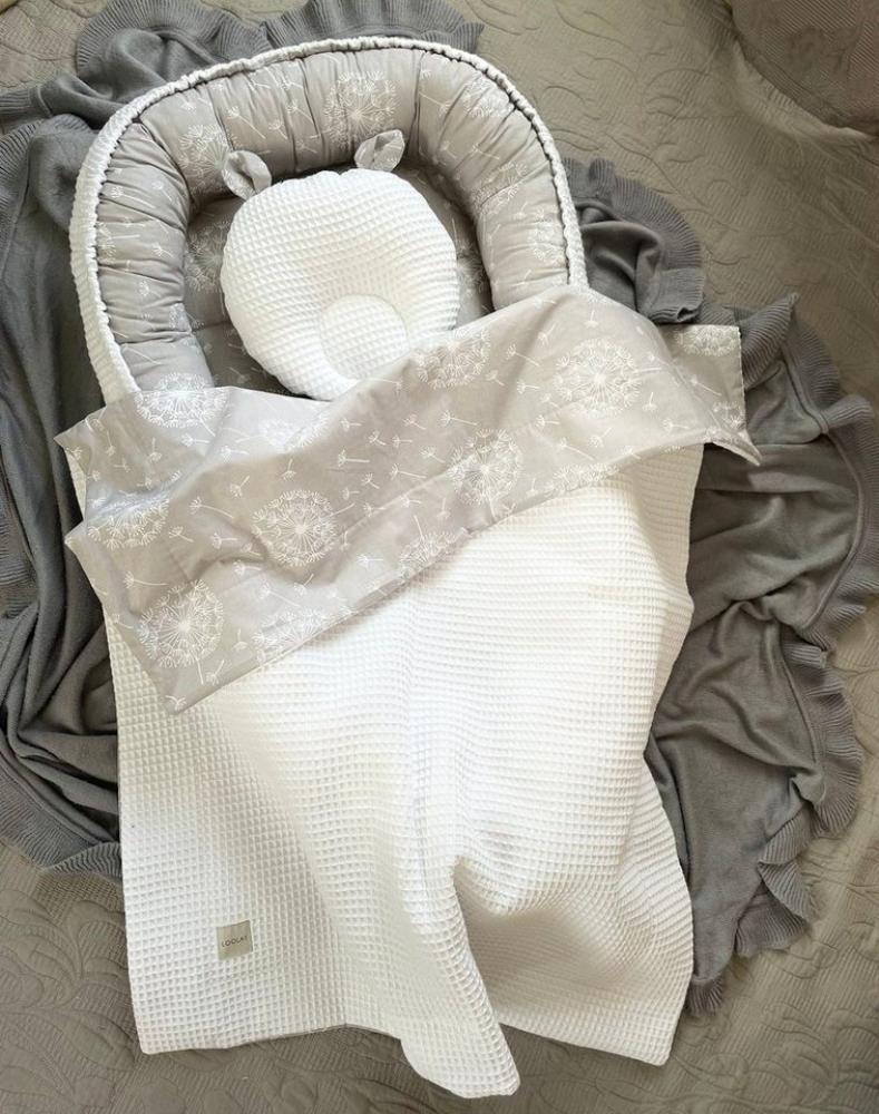 Loolay Bettnestchen WAFFELPIQUE Baumwolle BABYNEST Babykokon Neugeborene Babyausstattung, (Reisebett Nestchen SOLO/ o. in Geschenk SETS, 3-tlg, 4 Jahreszeiten WAFFELSTOFF - Design: Pustelblume Grau/ WAFFEL Weiß), 100% Europäische Stoffe und Kleinserien... Bild 1