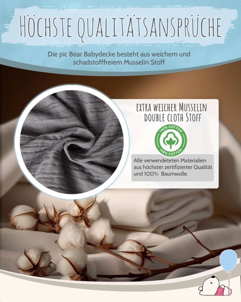 pic Bear Babydecke Kuscheldecke 70x100cm, Granit Musselin : granit Musselin Bild 1