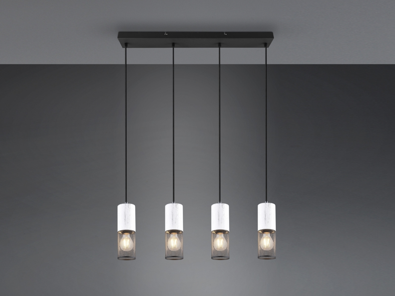 LED Pendelleuchte 4-flammig mit Holz Weiß und Drahtgeflecht, Breite 65cm Bild 1